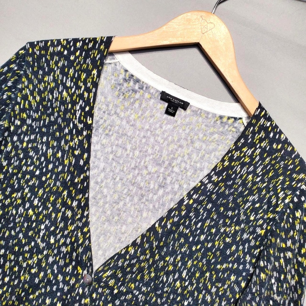 Ann Taylor Cardigan Sweater Womens Large‎ Black Yellow Confetti Print Minimalist